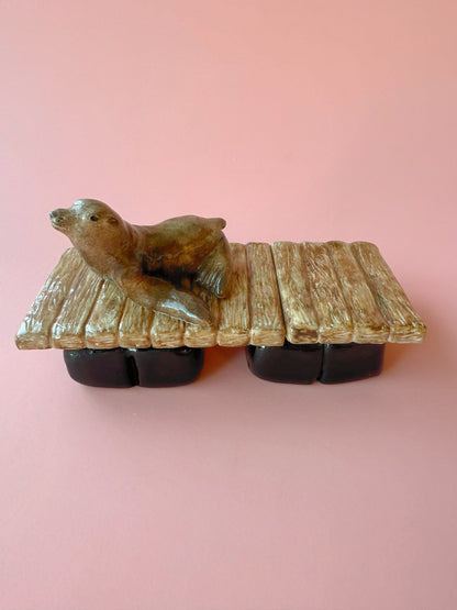 California Sea lion on a floating dock with a pink background 
